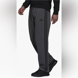 Size L adidas Men's Essentials Fleece Open Hem 3-Stripes Pants Dark Grey Heather